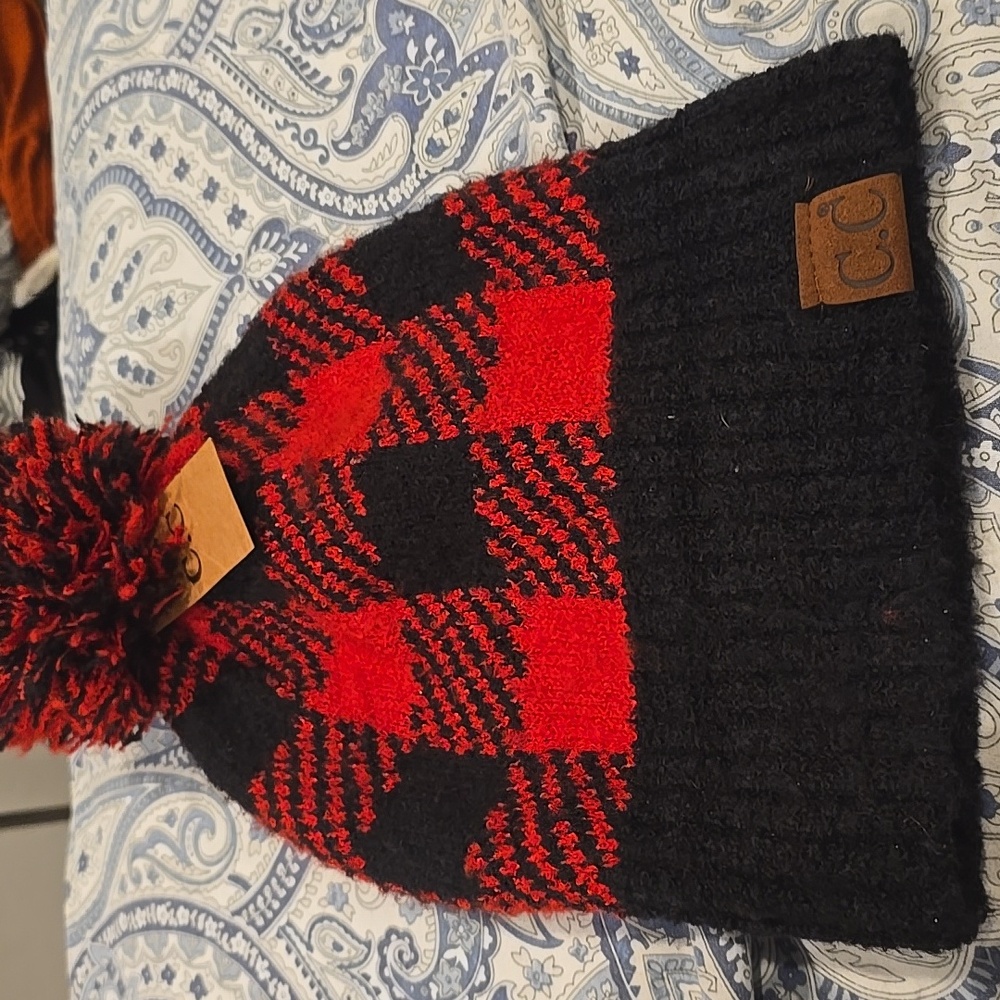 New C.C Red and Black Checkered Pom-Pom Beanie
